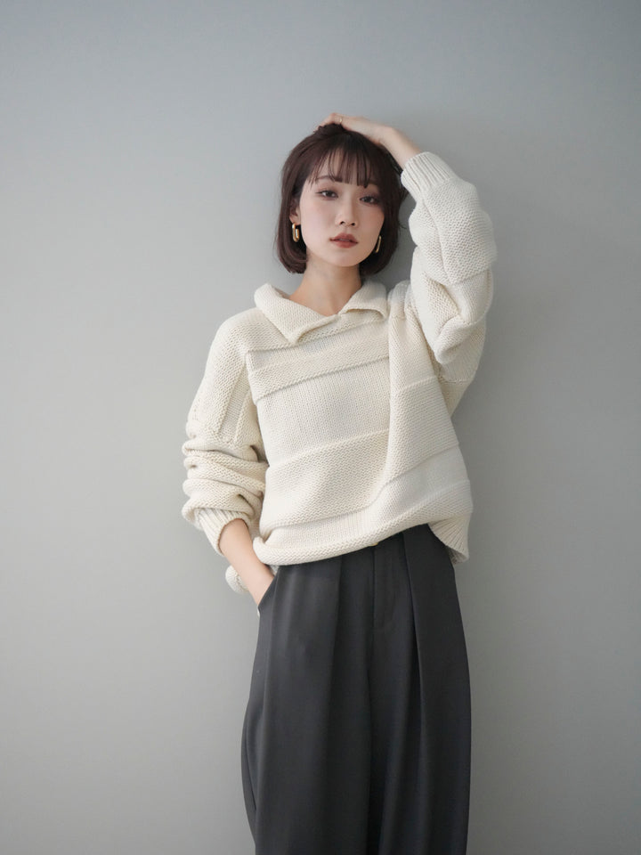 [SET]襟付きボーダー編みニットプルオーバー+ベルトループデザインワイドパンツ(2set)