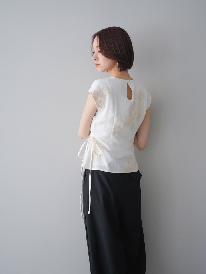 [SET]リネンタッチフラワージャガードトップス+ベルト付キーホルダーモチーフワイドパンツ(2set)