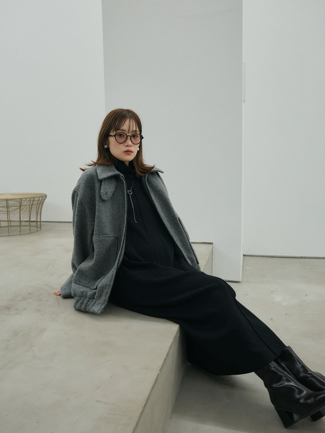 【Allure】[SET]ボトルネックルーズニットワンピース+スタンドカラーシャギーフライトジャケット(2set)