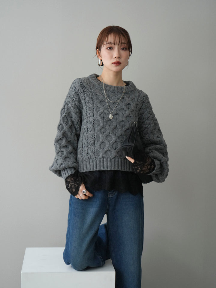 【着回しセット】[SET]バルキーケーブルクロップドニットプルオーバー+アンゴラタッチクルーネックニットプルオーバー+チュールレーストップス(3set)