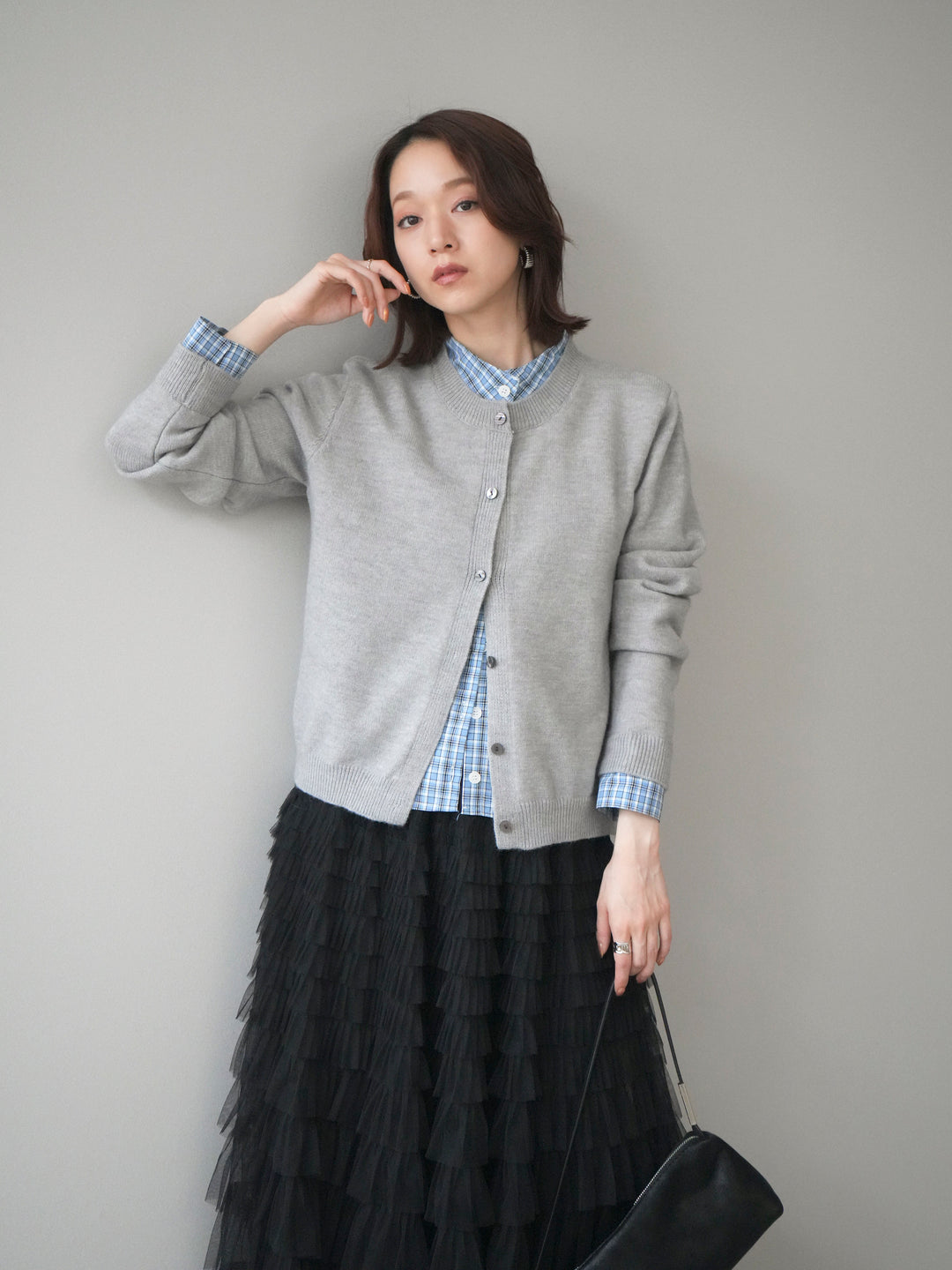 [予約]チェックシャツレイヤードデザインニットカーディガン/gray