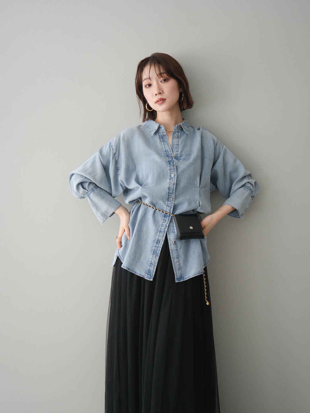 [SET]テンセルデニムタックシャツ+チュールボリュームスカート(2set)