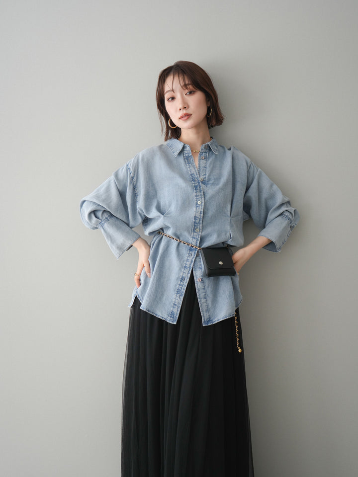 [SET]テンセルデニムタックシャツ+チュールボリュームスカート(2set)