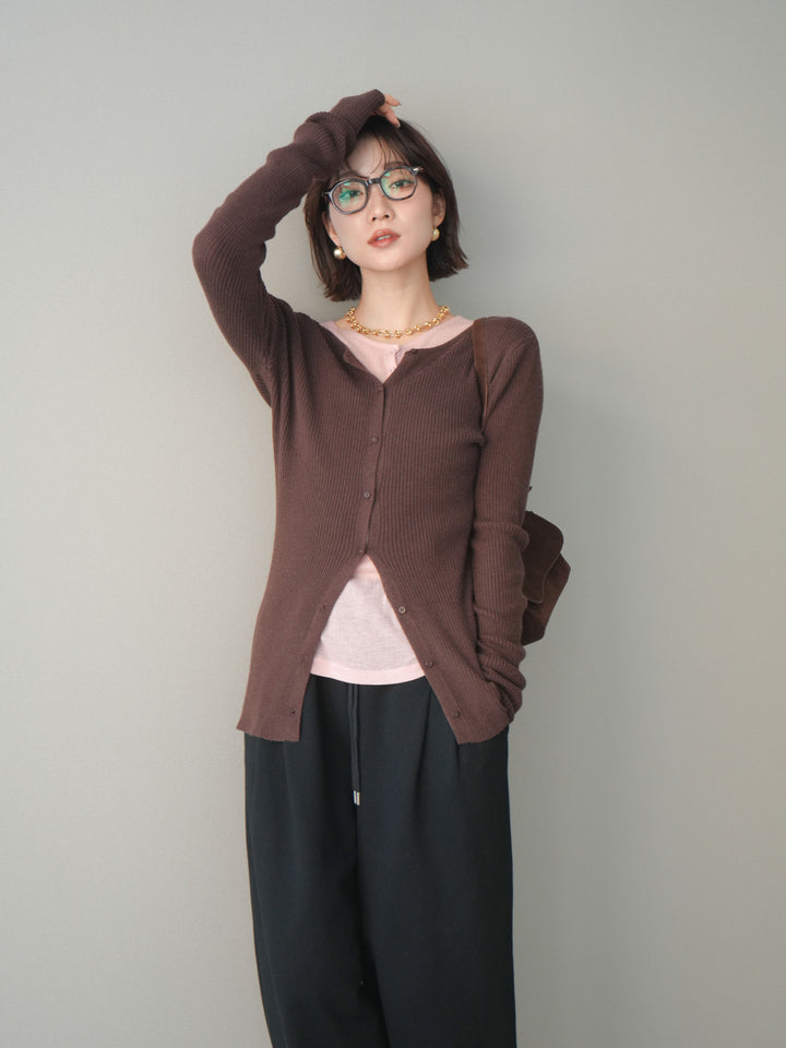 [予約]前後2WAYリブ編みクルーネックカーディガン/darkbrown