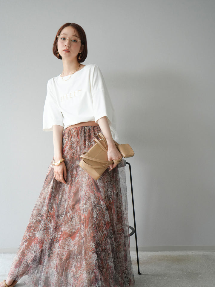 [予約]異素材メタリックロゴ刺繍×プリントTシャツ/オフ