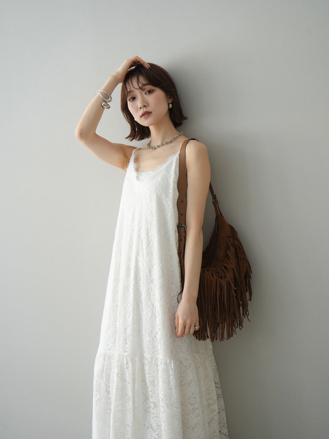 [予約]ギャザー切替レースキャミワンピース/white