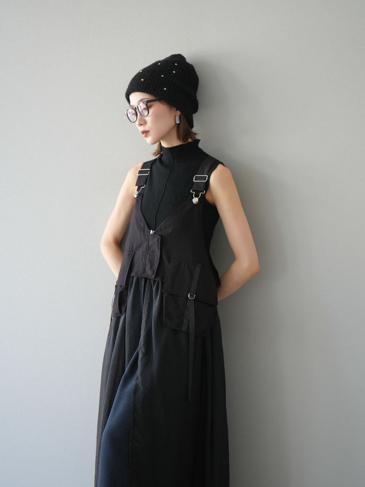 [SET] 戰術背心歐根紗洋裝 + 麻質寬鬆寬褲 (2 件套)