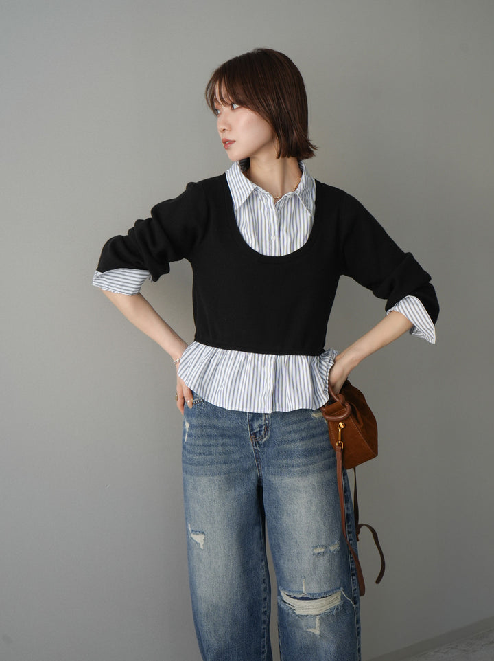 [予約]ストライプシャツUネックドッキングニットプルオーバー/blackoffstripe