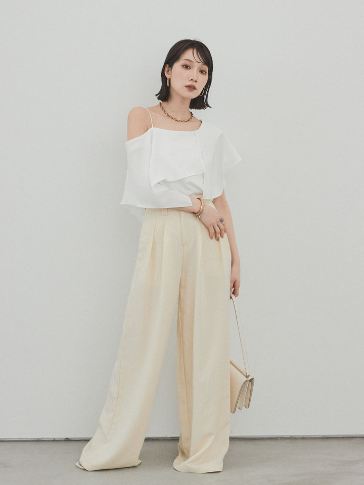 [SET]ワンショルラッフルブラウス+リネンタッチタックワイドパンツ (2set)