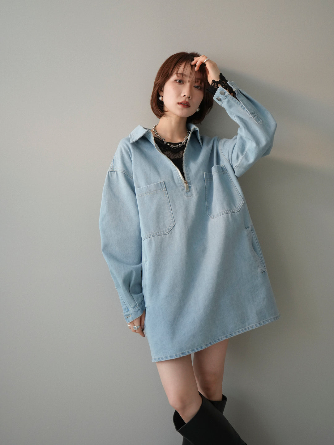 [SET]ハーフジップデニムミニワンピース+チュールレーストップス(2set)