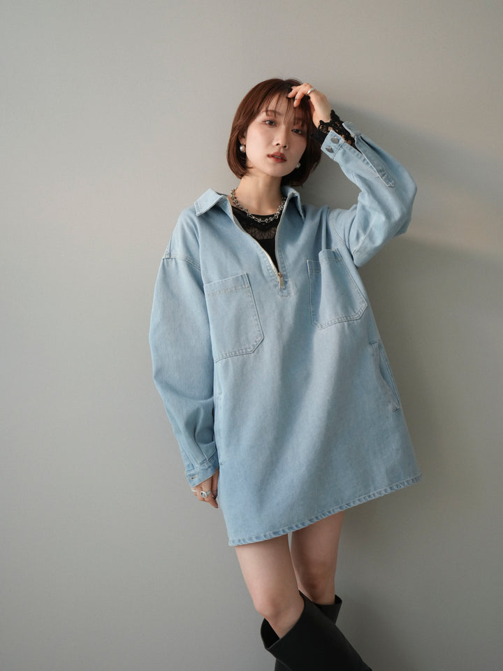 [SET]ハーフジップデニムミニワンピース+チュールレーストップス(2set)