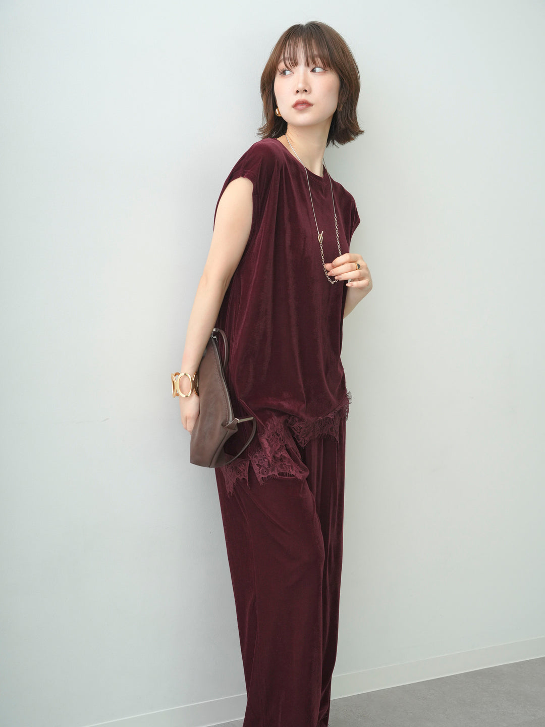 [予約]ベロアレースコンビアシメノースリトップス/bordeaux