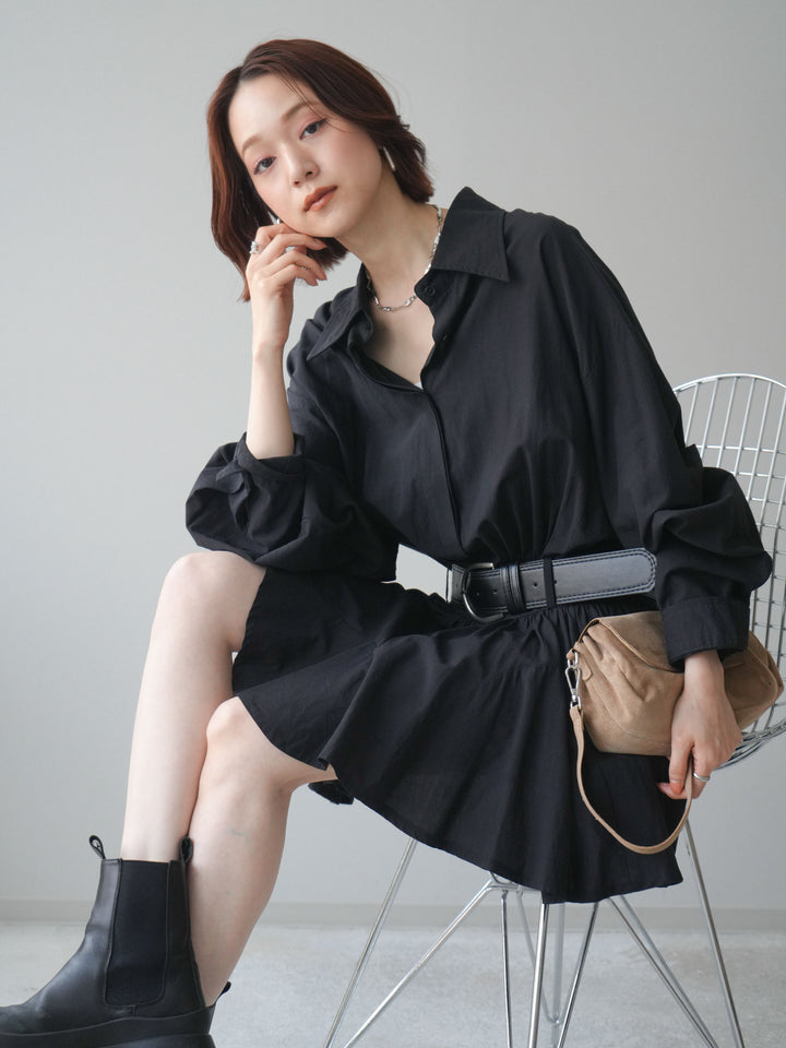 [予約]ベルト付フレアシャツミニワンピース/black