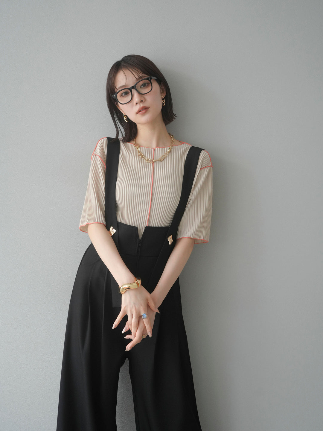 [予約]配色メロープリーツハーフスリーブトップス/ベージュ