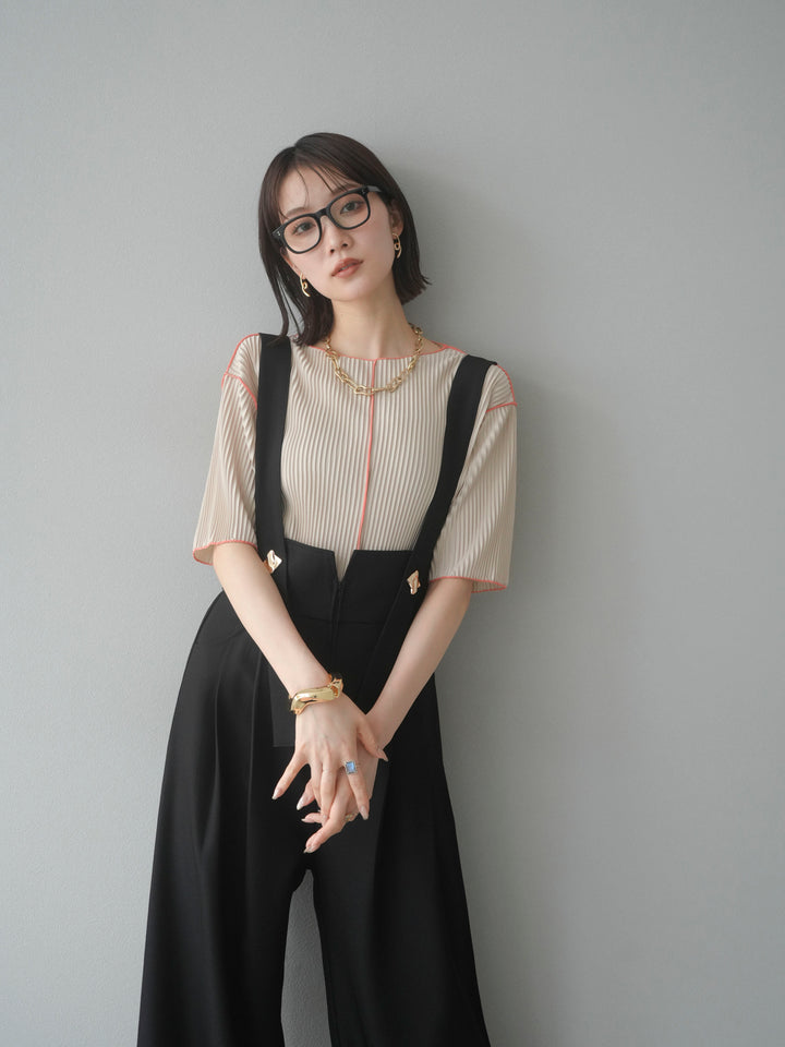 [予約]配色メロープリーツハーフスリーブトップス/ベージュ