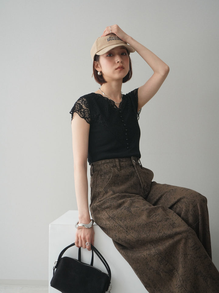 [予約]パールボタンレース切替ニットトップス/black