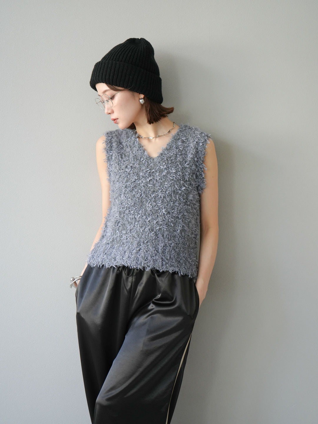 [予約]テープヤーンフリンジニットベスト/グレー