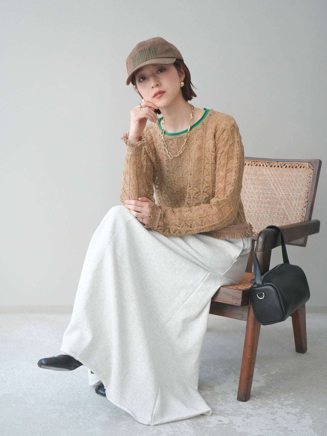 [予約]扇透かし編みクロップドニットプルオーバー/beige