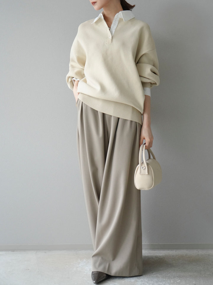 【SET】翻領polo針織套衫+雙褶闊腿褲（2件組）