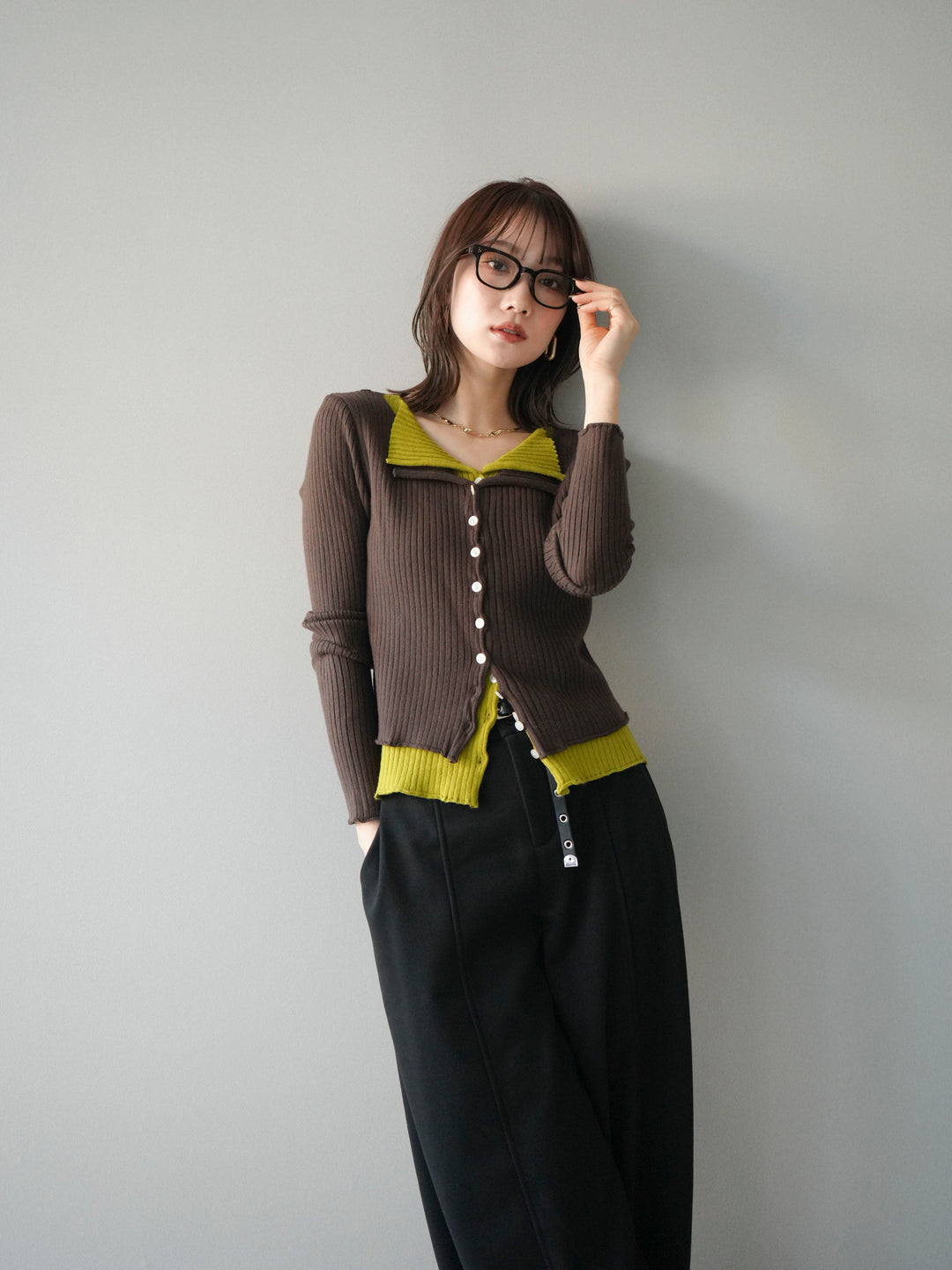 [予約]配色レイヤードリブニットカーディガン/brown