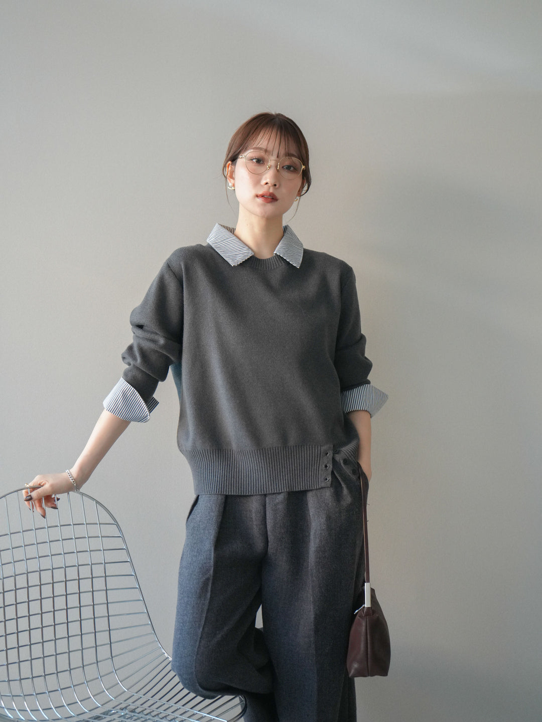 [予約]シャツドッキングデザイン裾ボタンニットプルオーバー/gray