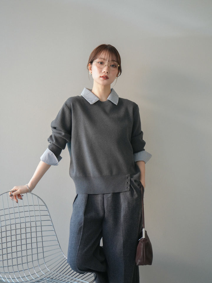 [予約]シャツドッキングデザイン裾ボタンニットプルオーバー/gray