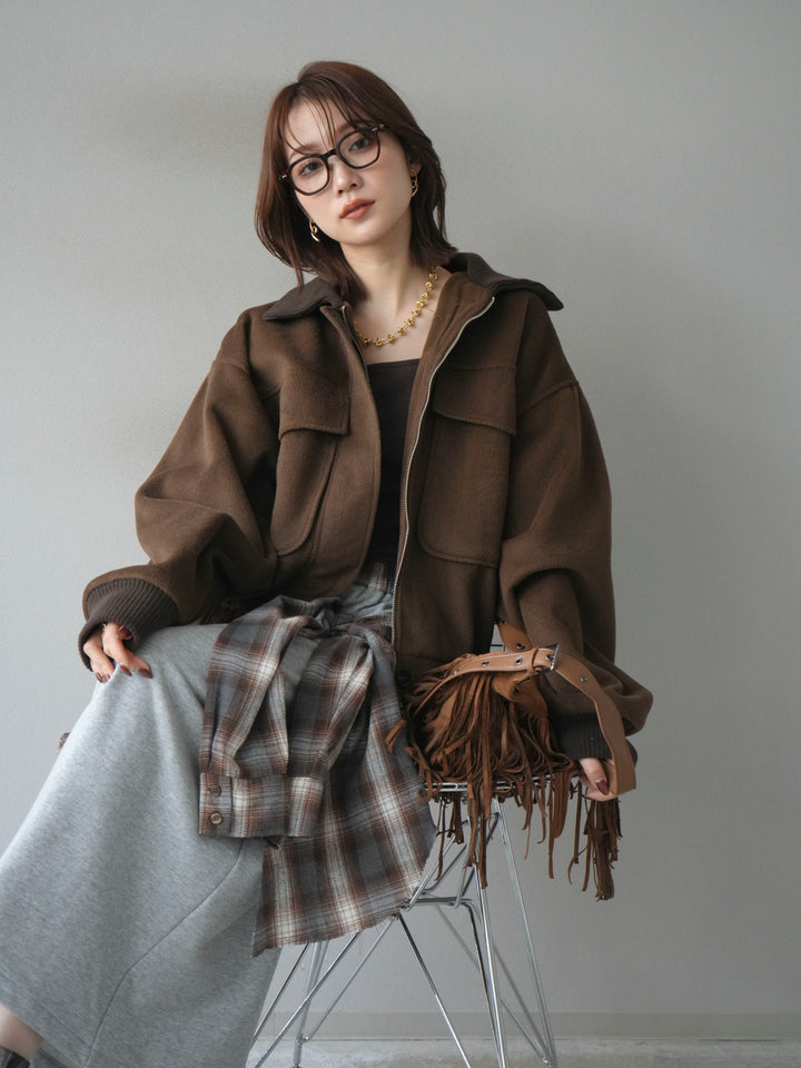 [予約]ウールタッチ襟リブステンカラーショートコート/brown