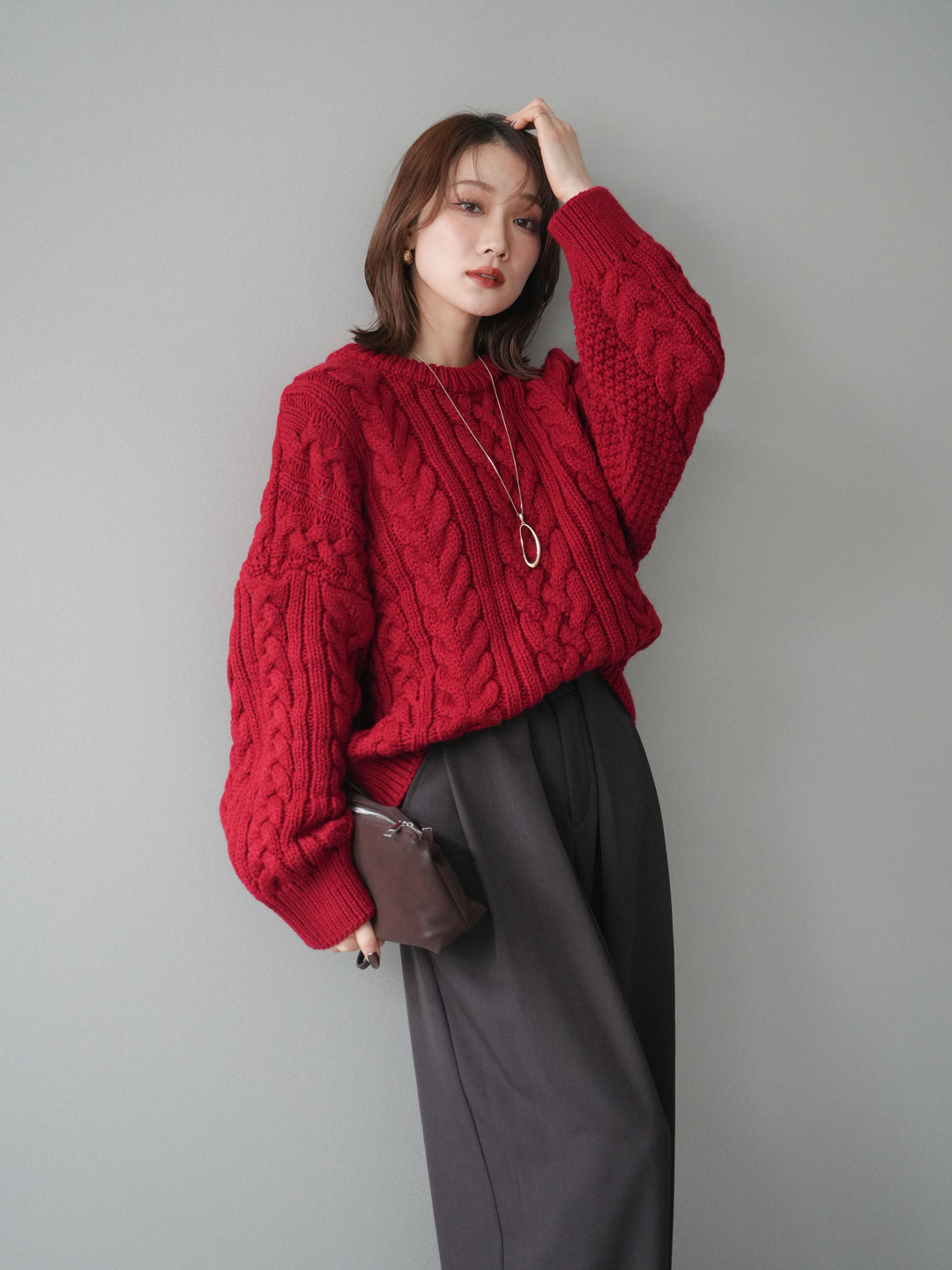 [予約]ボリュームケーブルニットプルオーバー/red