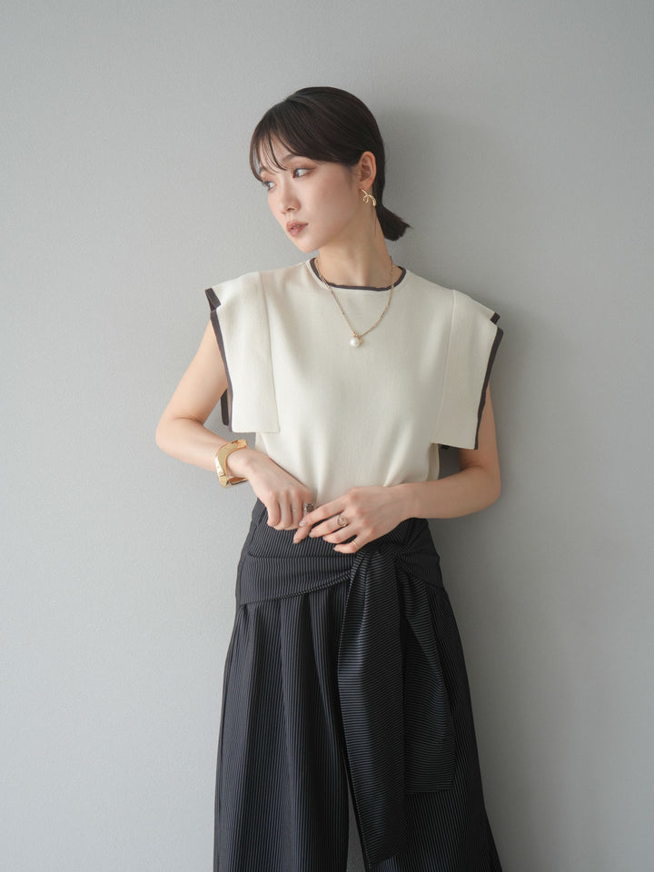 【預購】亞麻質感方袖拼色針織套頭衫/象牙白