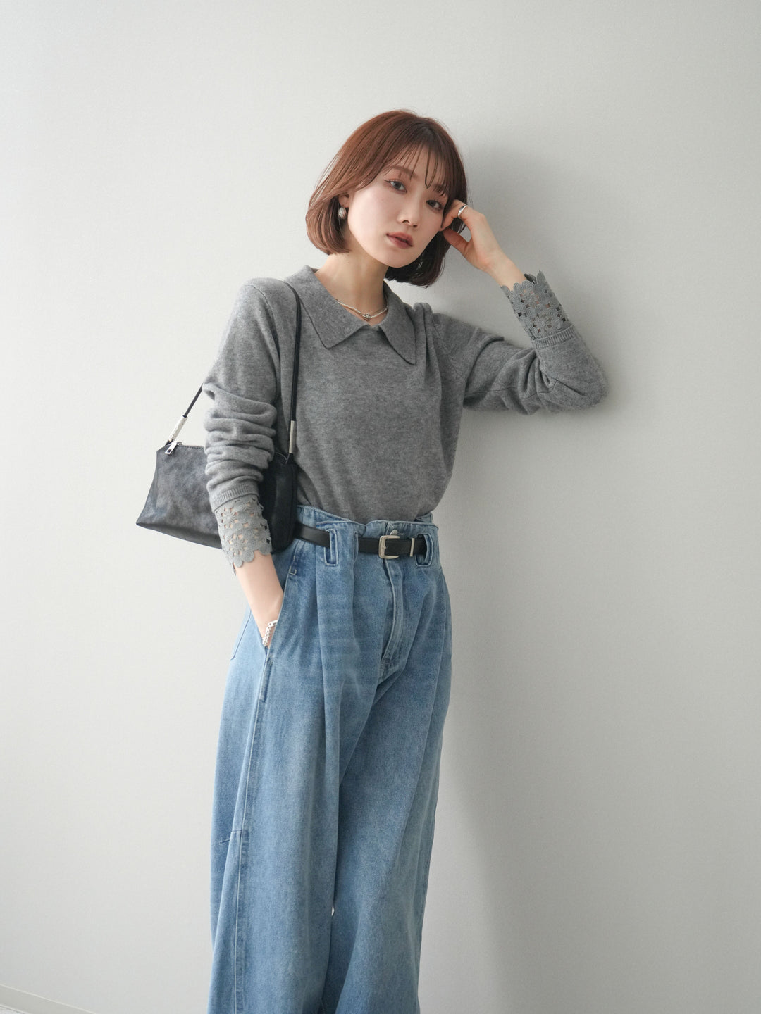 [SET]スカラップレース袖襟付きニットトップス+選べるアクセセット(2set)