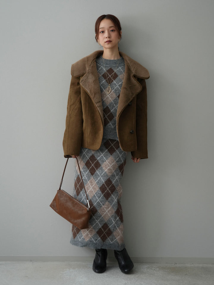 [SET]アーガイルニットプルオーバー&ロングスカートSET UP+ムートンショートジャケット(2set)
