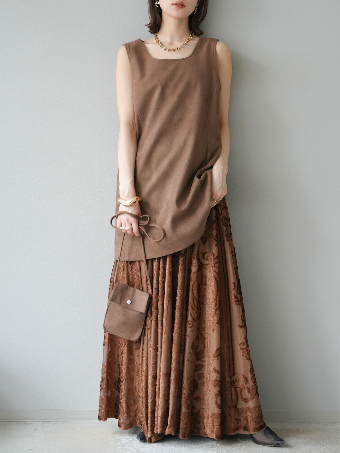 [予約]ショルダーポーチ付スウェードミニワンピース/ブラウン