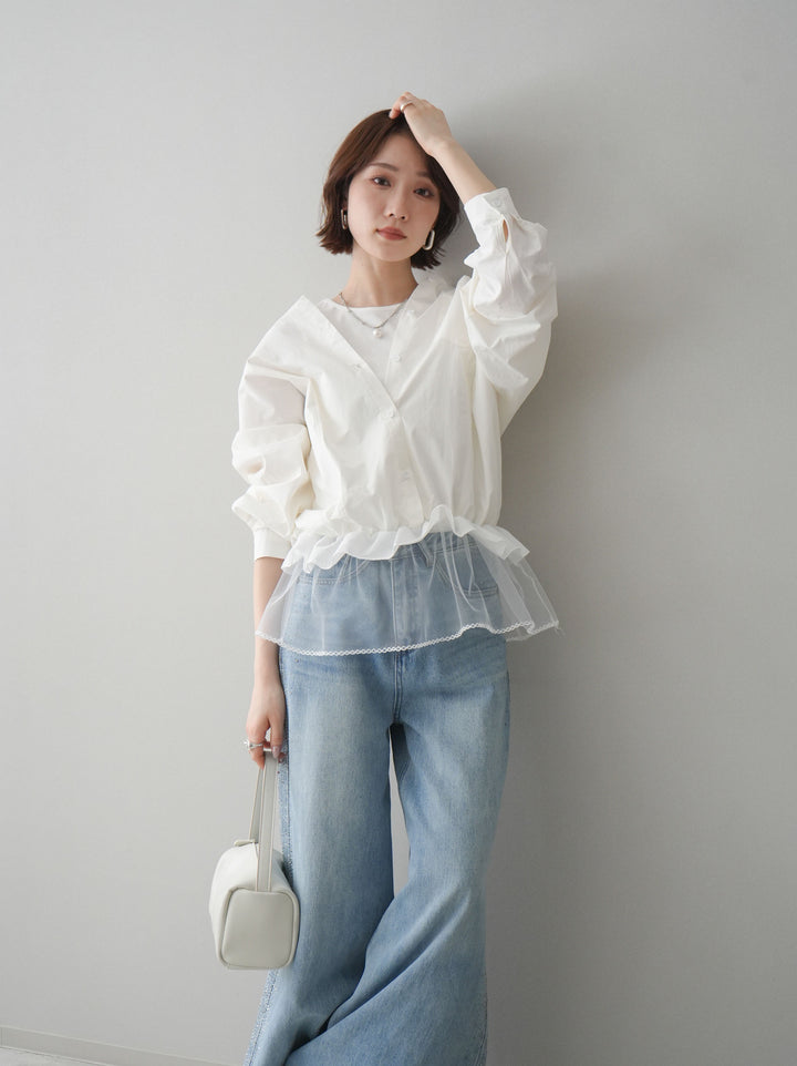 [予約]裾チュールノースリーブカットソー＆シャツドッキングトップス/white