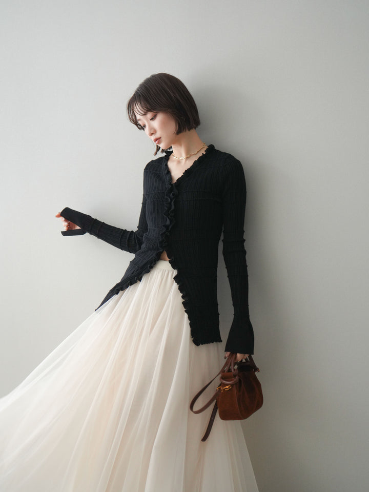 [予約]フロントフリルリブニットカーディガン/black