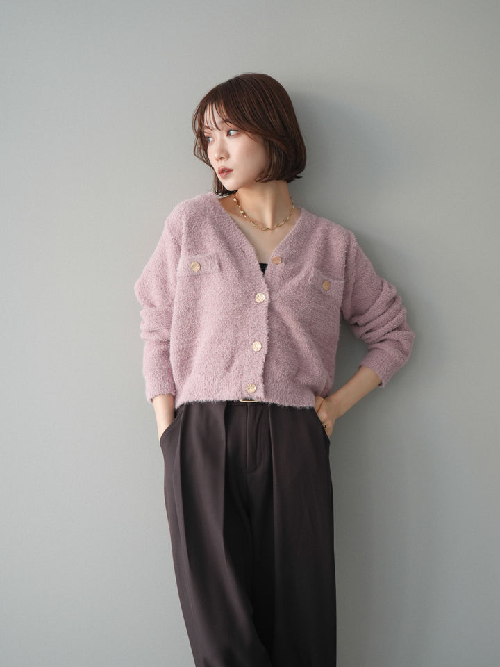 [SET]ゴールドボタンモールニットカーディガン+ベルトループデザインワイドパンツ(2set)