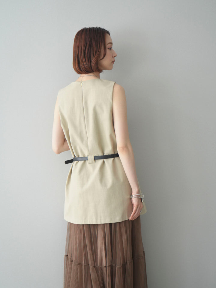 [SET]ベルト付リネンライクノースリチュニック+ラメプリーツレイヤードチュールロングスカート(2set)