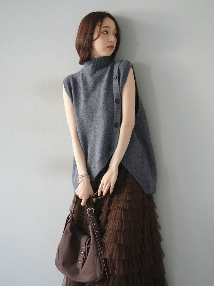 [予約]デザインボタンハイネックニットベスト/ gray