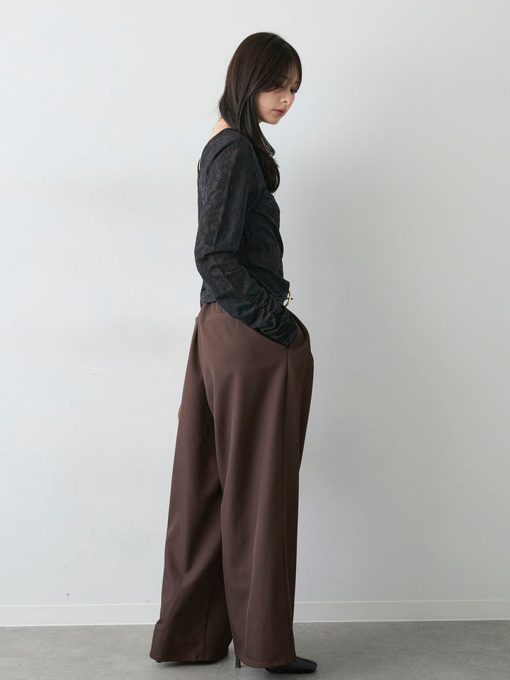 [SET]カットレースバックオープントップス+ツイルタックワイドパンツ(2set)