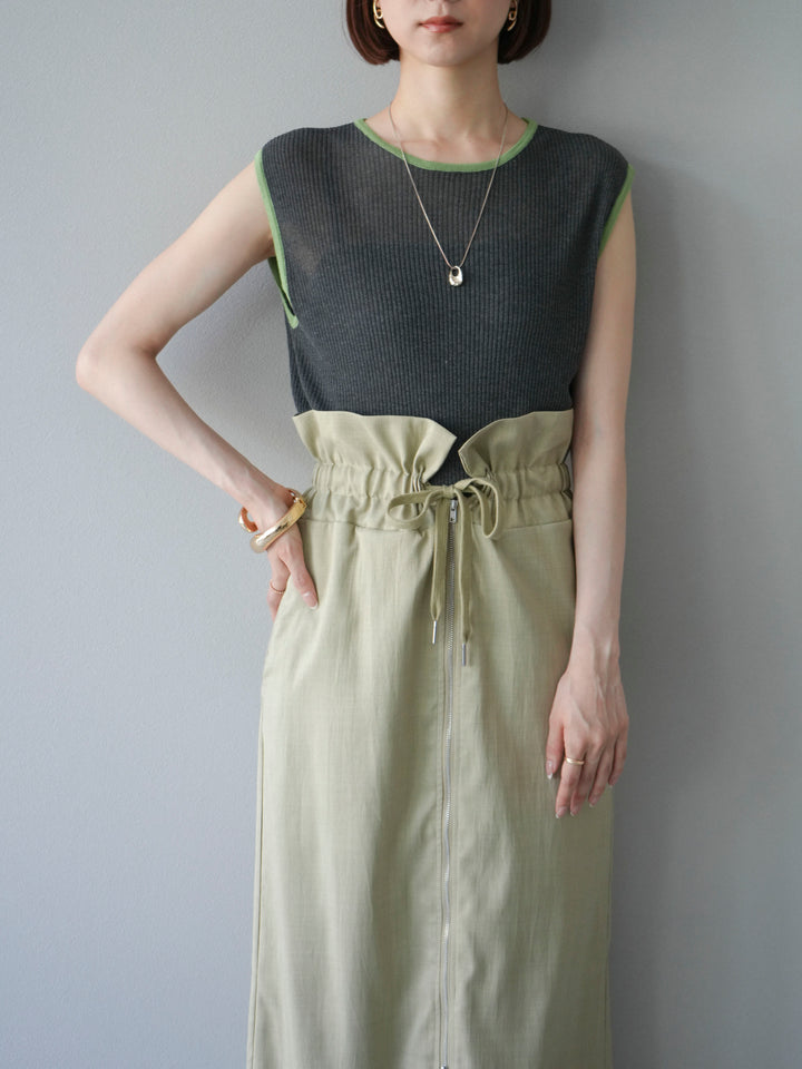 [予約]リネンタッチ配色ニットノースリーブプルオーバー/チャコール