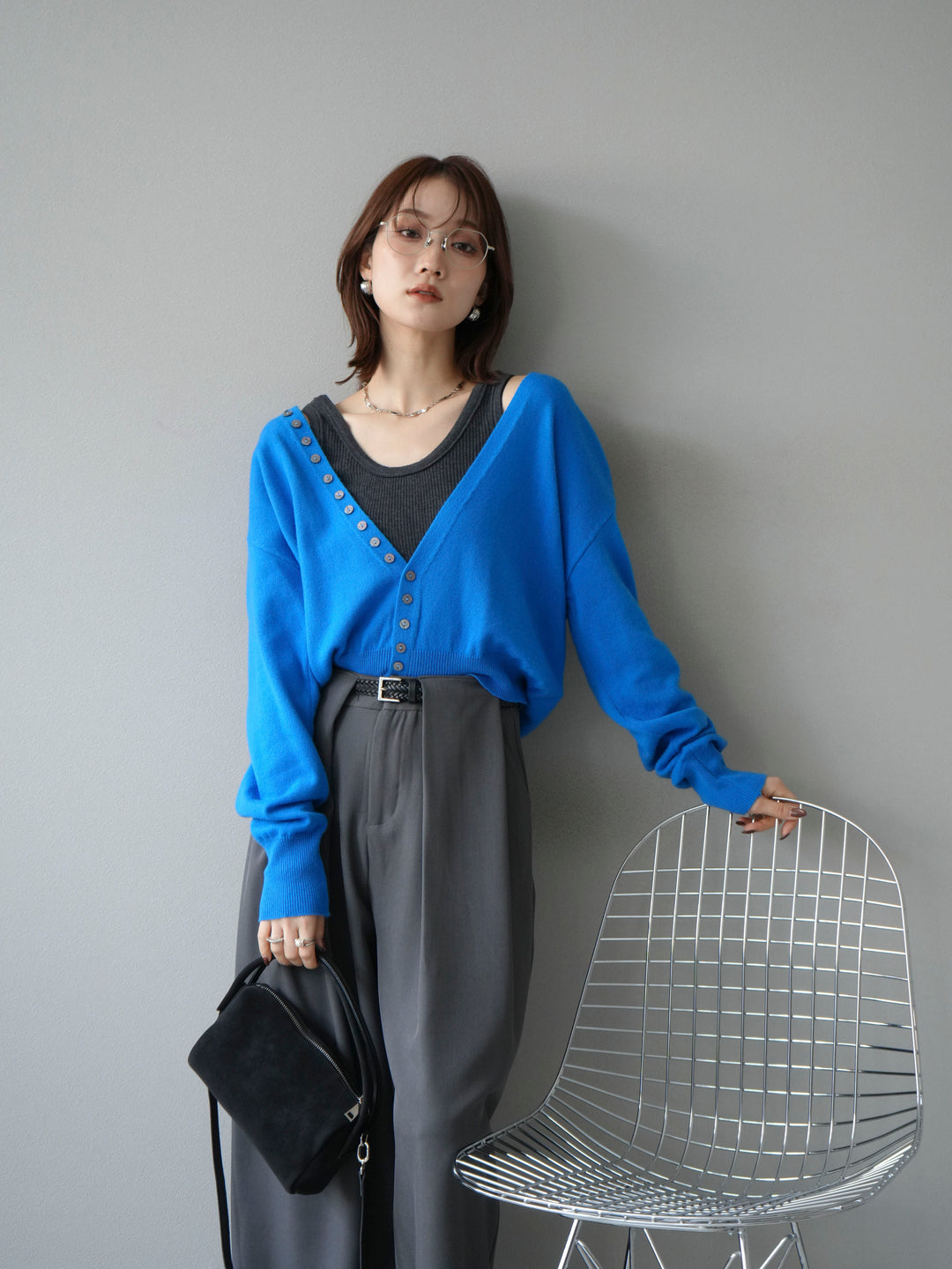 [SET]デザインボタンニットカーディガン＆タンクトップSET+ベルトループデザインワイドパンツ(2set)