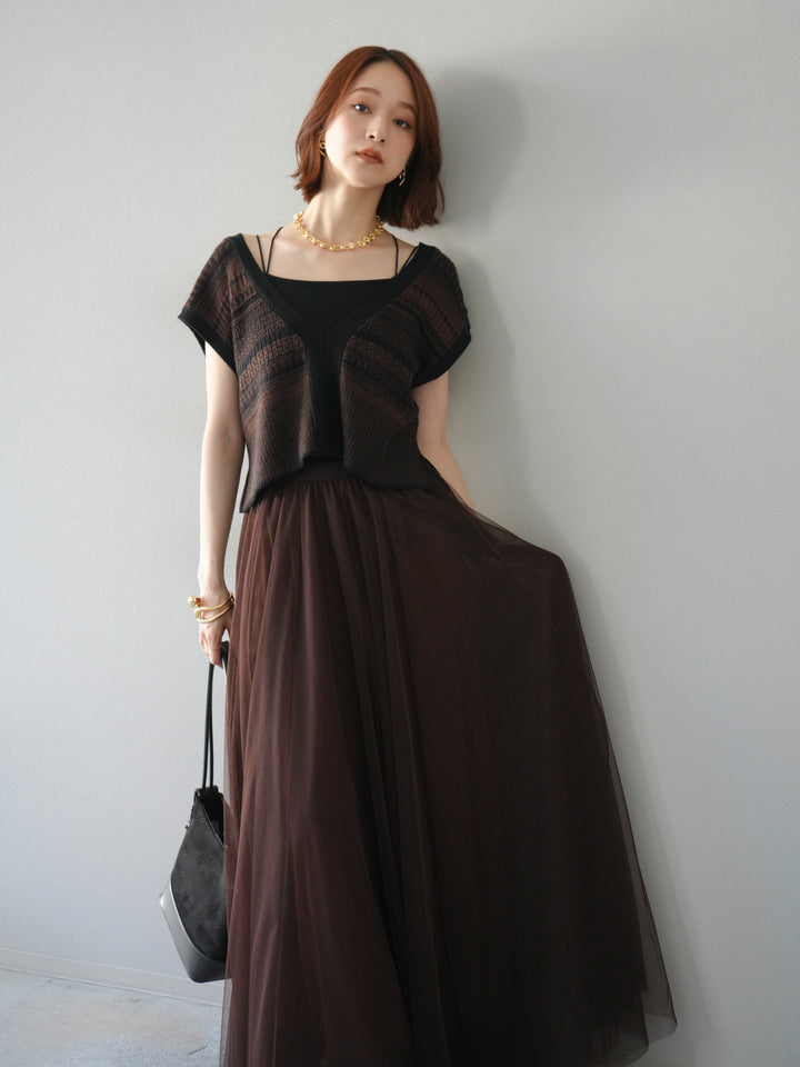 [予約]ガーター編み2WAYニットベスト/ブラウン×ブラック