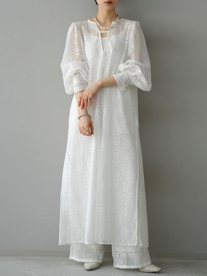 [Pre-order] Block Lace Volume Sleeve Dress/White