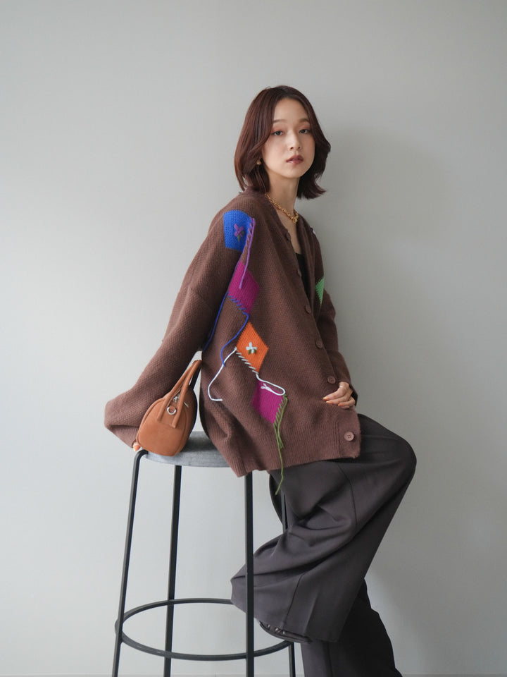 [SET]ハンドステッチアーガイルデザインニットカーディガン+ベルトループデザインワイドパンツ(2set)