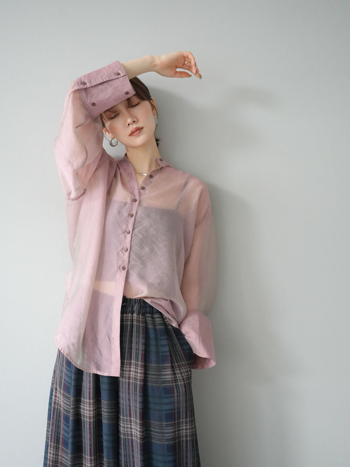 [SET] 亮面透視立領襯衫 + 透視格紋寬鬆褲 (2 件套)