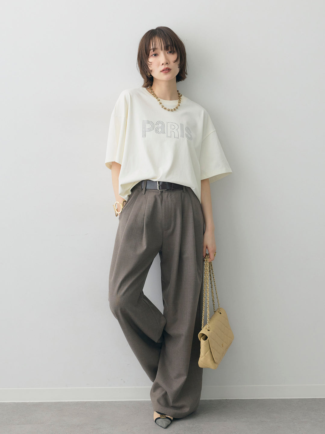[SET]スタッズロゴTEE+ベルトデザインツータックドレープワイドパンツ(2set)