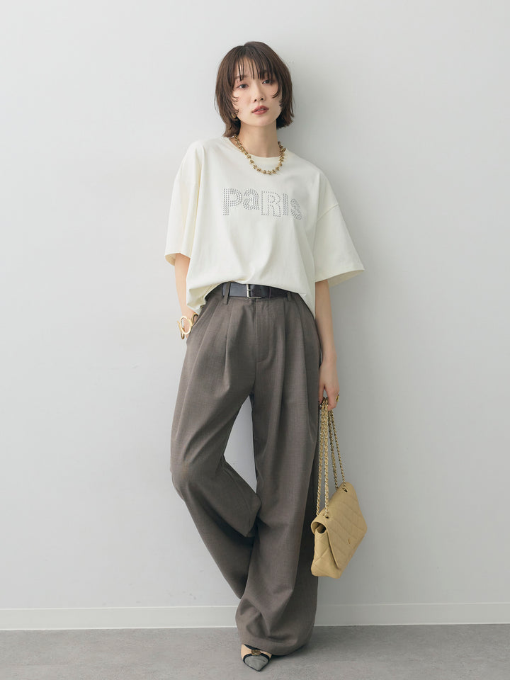 [SET]スタッズロゴTEE+ベルトデザインツータックドレープワイドパンツ(2set)