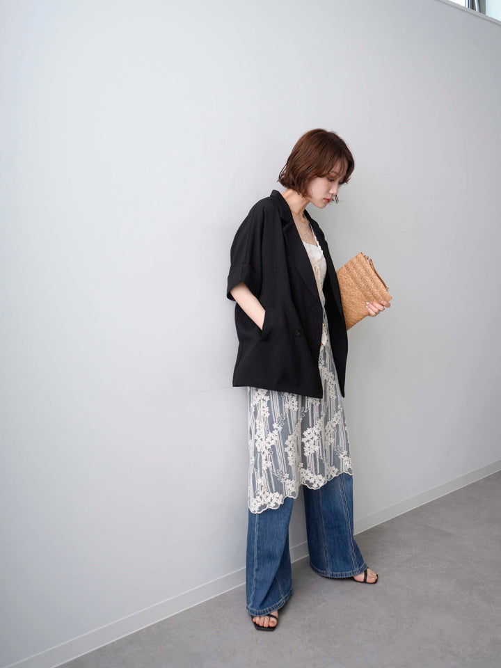 [SET]シースルーフラワー刺繍タンクワンピース+リネンライクハーフダブルジャケット+センターラインワイドフレアデニム(3set)
