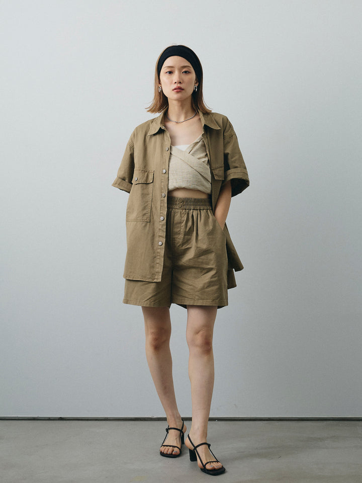 [SET]ミリタリーオーバーシャツ＆ハーフパンツSET UP+リネンライクカシュクールデザインビスチェ(2set)