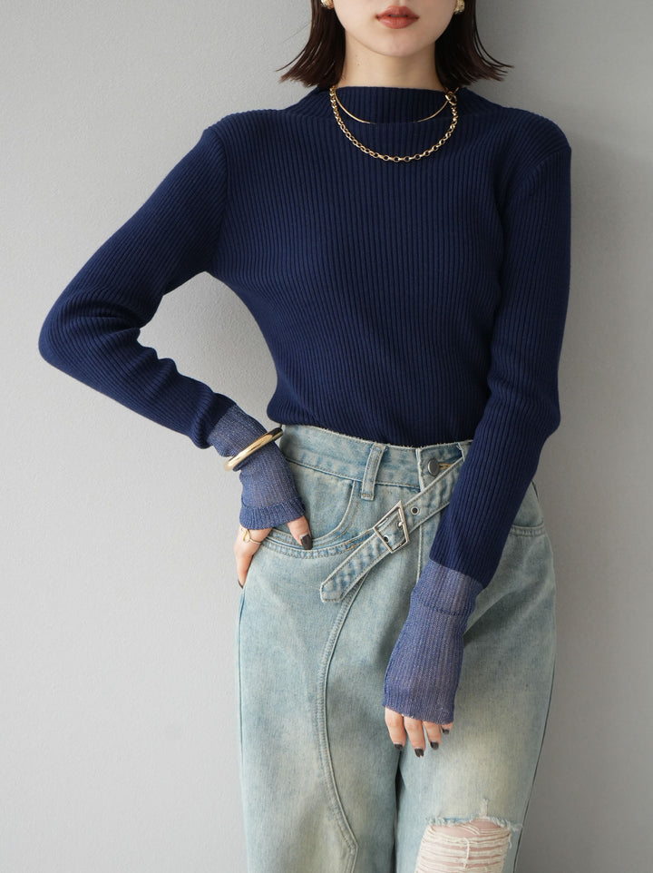 [予約]袖ラメシアー切替リブニットトップス/ネイビー