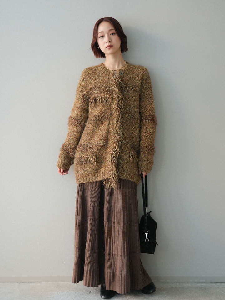 [予約]型押しスエードティアードプリーツスカート/brown